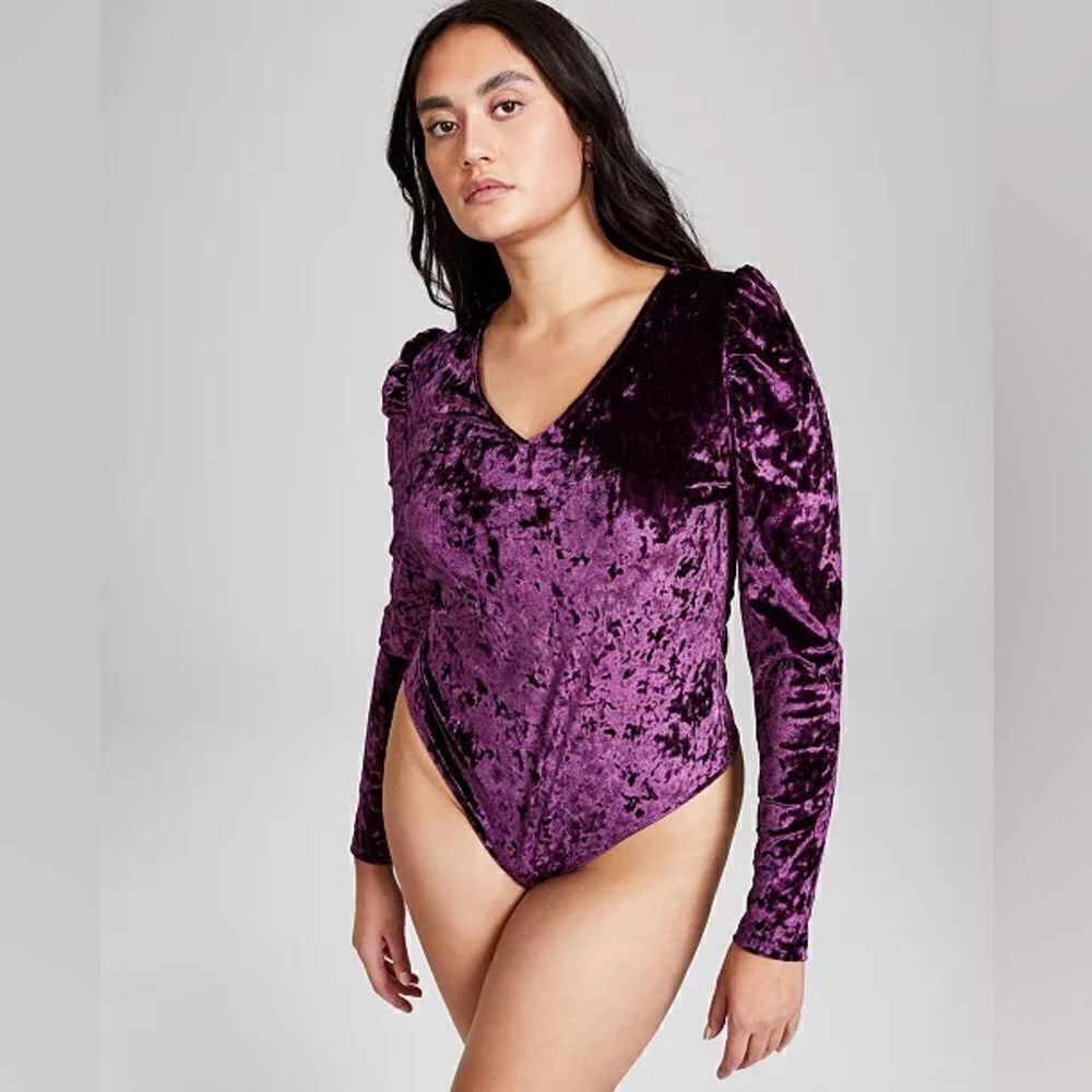 New Crushed Velvet Bodysuit with Puffed Sleeves XL